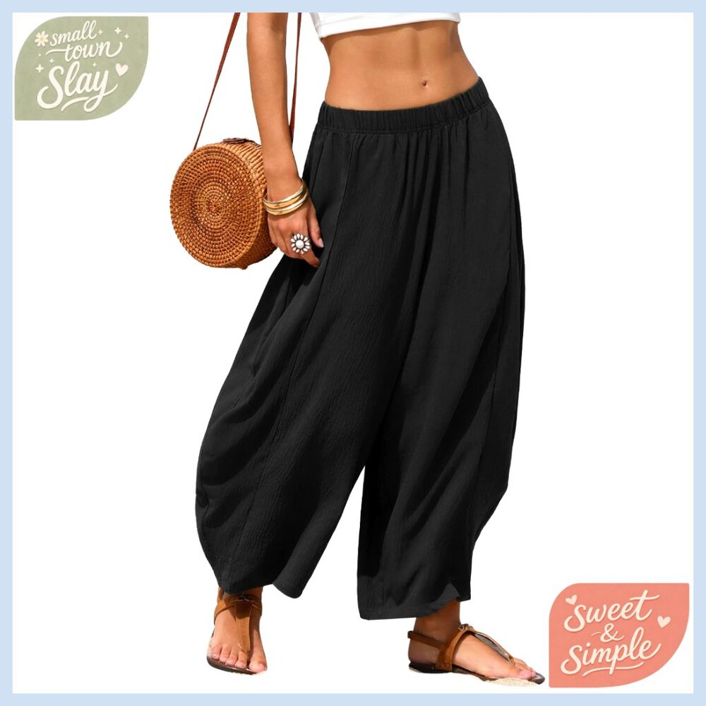 Faux Linen Wide Leg Palazzo Pants Boho Casual Elastic Waist Baggy Trousers
